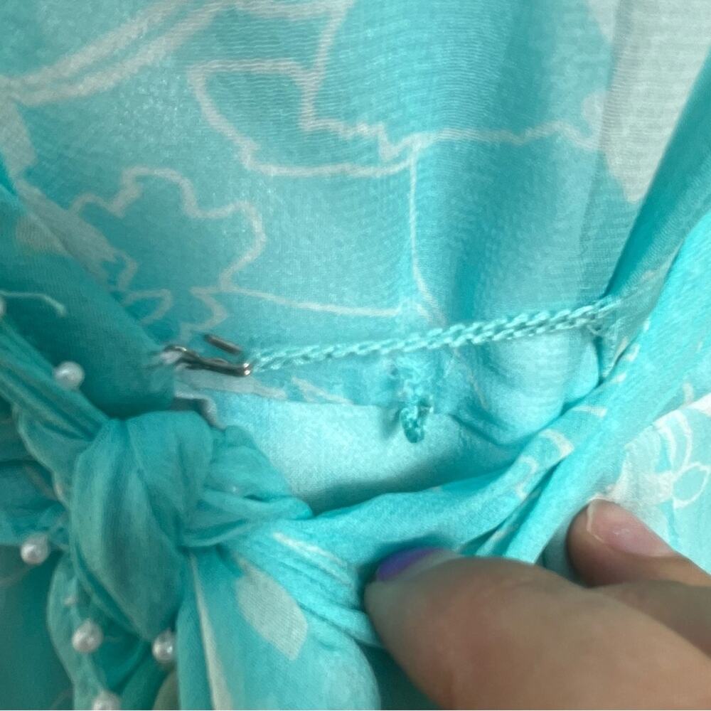 ICE Blue Silk Floral Wrap Dress Pearls Romantic Vintage Y2K Tie Women's Small - Picture 8 of 10